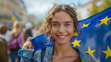 Closeup portrait of happy young caucasian female holding european union flagの素材