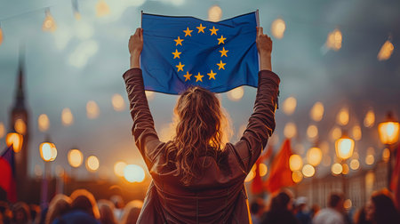 Portrait of happy woman holding european union blue flag  with stars from behind outdoors parliament election conceptの素材