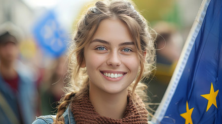 Close-up portrait of happy  young caucasian woman smiling and waving blue european union flag with yellow starsの素材