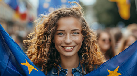 Close-up portrait of happy young white woman smiling and waving blue european union flag with yellow stars for parliament electionsの素材