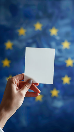 Closeup vertical of white man hand and fingers holding empty sheet inserting in voting ballot box for european union parliament electionの素材