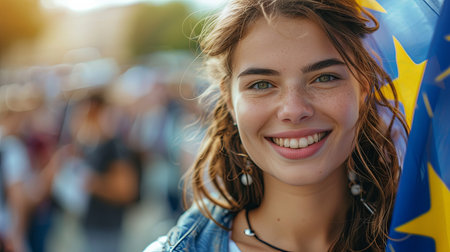Close-up portrait of young attractive woman in 20's smiling and holding european union flag with yellow after votingの素材