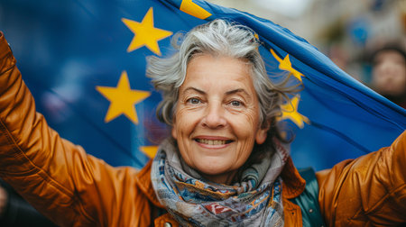 White old woman referendum campaign supporter holding european union country flag for parliament election vote with crowd in backgroundの素材