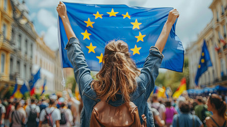 Young happy caucasian female holding european union flag europe democracy sign from behind politics celebration conceptの素材
