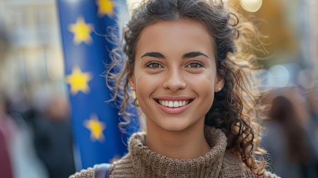 Closeup portrait of happy person patriot face of young caucasian female holding european union flag in crowdの素材