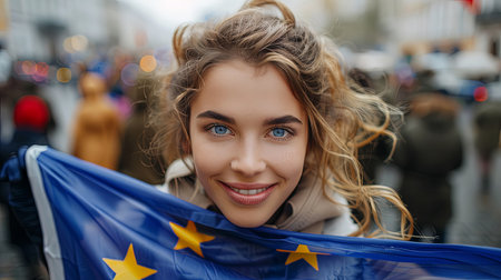 Close-up portrait of happy person patriot face of young caucasian female smiling and waving blue european union flag in parliament electionsの素材