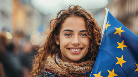 Closeup portrait of young caucasian woman  holding european union flag after in national government democracy euro campaignの素材