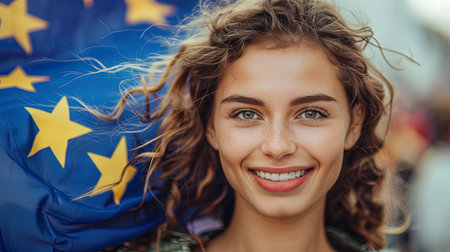 Closeup portrait of young attractive caucasian woman supporter holding european union flag after in campaignの素材