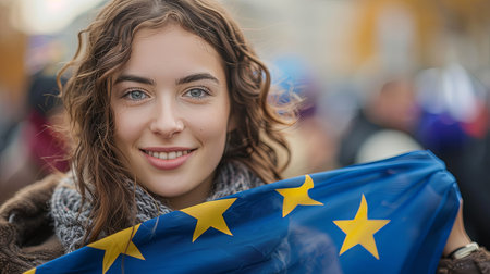 Closeup portrait of happy face of young caucasian female holding european union flag in crowdの素材