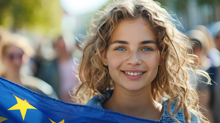 Closeup portrait of young caucasian woman  holding european union flag after in campaign sign of supportの素材