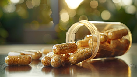 Close-up template of plastic bottle with many nutrition supplements tablets on white backgroundの素材