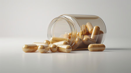 Close-up of plastic bottle with many pharmacy medication treatment pills and vitamin supplemets on white backgroundの素材