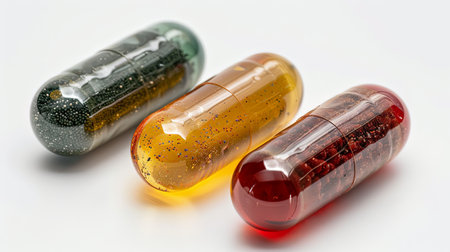 Closeup of many nutritional multivitamin fish oil pills on white.の素材