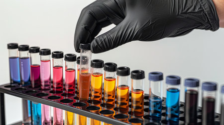 Researcher hand with glove holding colorful vials with liquid in lab experiment on white backgroundの素材