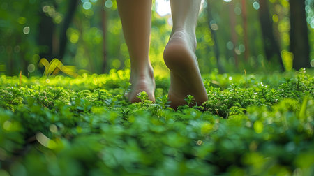 Closeup of man walking on earth barefoot in green field on soft grass in nature with blurred sun backgroundの素材