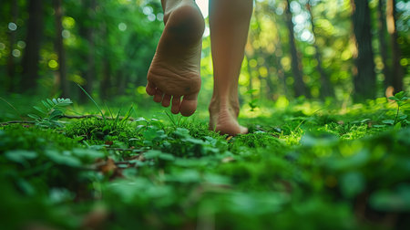 Naked legs with toes walking on soil barefoot in forest with trees on soft grass in nature with blurred sun and leavesの素材