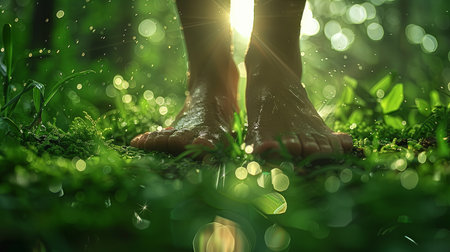 Man walking bare feet from front on forest floor meadow with blurred backgroundの素材