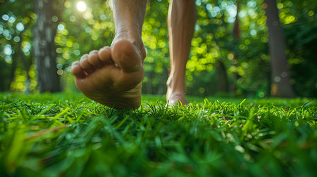 Man walking barefoot from front on forest floor with blurred backgroundの素材