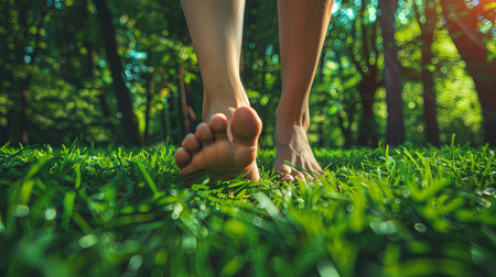 Front view of bare feet walking sole with sunny green forest meadow grass relaxing in summer outdoorの素材