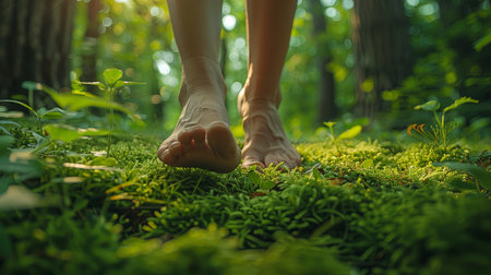 Front view of young man legs walking taking step barefoot on forest meadow in springの素材