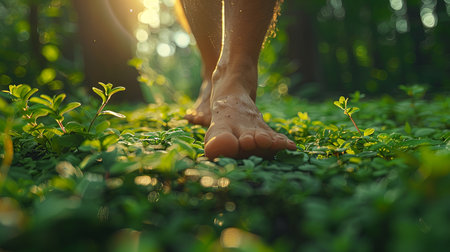 Young man legs walking taking step barefoot from front on forest meadow with bokeh background in springの素材