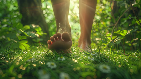 Man walking taking step barefoot from front on forest meadow with blurred backgroundの素材