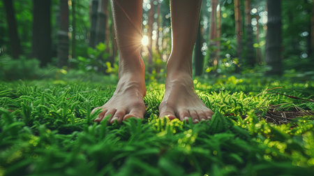 Front view of bare feet walking barefoot taking step on forest meadow in spring blurred backgroundの素材