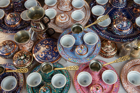 An overhead view of assorted artisan teapots and cups, showcasing unique artistic designs and vibrant colors, ideal for tea enthusiasts and collectors.の写真素材