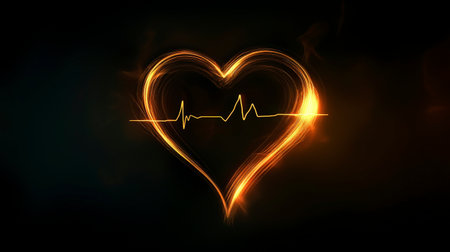 A stylized, fiery heart shape incorporating a heartbeat rhythm display, capturing the essence of love and passion intertwined with vitality and artistic flair.の素材