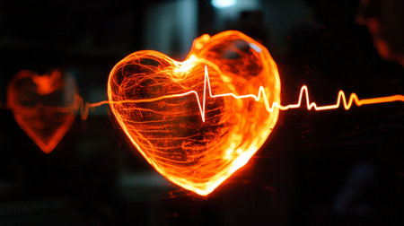 An artistic representation of a heart illuminated by fiery energy, with heartbeat lines that symbolize love and life, evoking emotions and passion in this captivating artwork.の素材