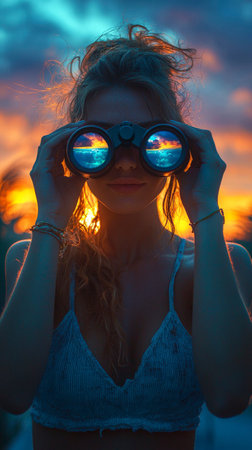 A captivating scene features a woman holding binoculars, gazing at a stunning sunset filled with vibrant colors reflecting on the lenses, evoking wonder and curiosity.の素材