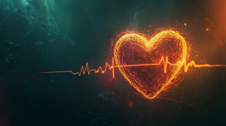 An energized heart combined with a pulse line creates a striking visual representation of love, vitality, and emotion, rendered in a contemporary abstract art style.の素材