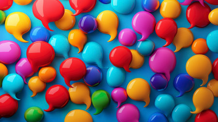 This image showcases glossy speech bubbles in various colors, creating a vibrant and engaging pattern against a bright blue background, symbolizing lively conversation.の素材