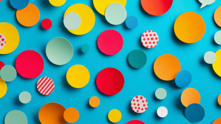 A captivating arrangement of colorful shapes, including circles and ovals, set against a bright blue backdrop, perfect for conveying playful energy and creativity in designs.の素材