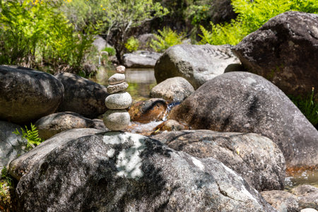 The image showcases a digitally captured close-up view of a meticulously balanced stack of light-colored stones, precariously positioned atop a larger, darker-hued rock.  The background reveals a shallow depth of field, focusing primarily on the stone stack and immediate surroundings. The surrounding environment features an array of varied-sized rocks, interspersed with low-lying, bright green vegetation indicative of a natural, possibly mountainous or riparian, habitat. The scene is brightly lit, suggesting natural daylight illumination with subtle shadows cast by the rocks and foliage, adding depth and texture to the composition.  The overall color palette is dominated by earthy tones of grey, brown, and green, with varying degrees of saturation and brightness. The image exhibits a moderate level of contrast and detail, with the smooth texture of the stacked stones contrasting the rough texture of the surrounding rocks.の写真素材