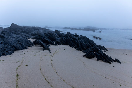 High-angle, long shot of a coastal scene dominated by dark, jagged rocks extending from the beach into the sea.  A light-beige sandy beach is visible between the rocks. Footprints are noticeable.の写真素材