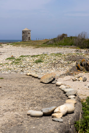 The image shows a section of a rocky shoreline.  The foreground is dominated by various sizes of stones and pebbles, ranging in color from light beige to dark gray.  A small amount of sparse,の写真素材