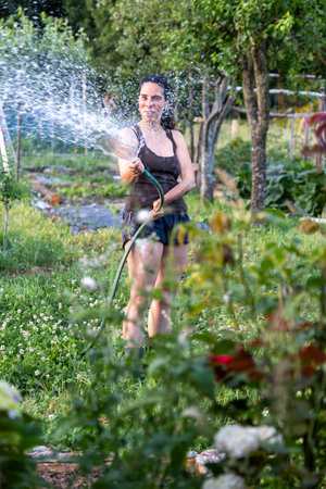 The image shows a woman watering plants in a garden using a hose. The woman is wearing a dark sleeveless top and dark shorts.  The setting is outdoors in natural daylight.の写真素材