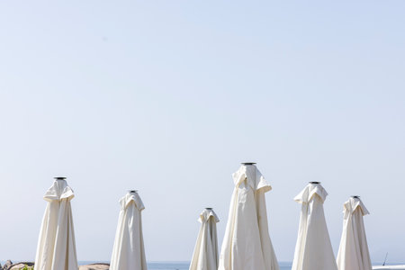 A row of white umbrellas are lined up on the beach. The umbrellas are open and facing the ocean. The scene is peaceful and serene, with the umbrellas providing a sense of shelter and relaxationの写真素材