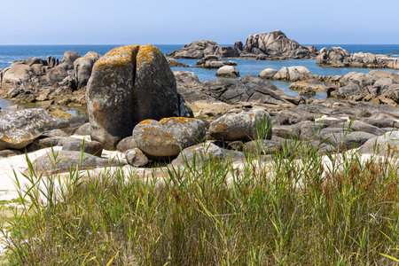 A rocky shoreline with a small body of water in the background. The rocks are scattered throughout the area, with some larger and some smaller. The sky is clear and blueの写真素材