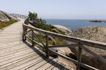 A wooden walkway leads to the ocean. The walkway is surrounded by rocks and bushes. The ocean is calm and blueの写真素材