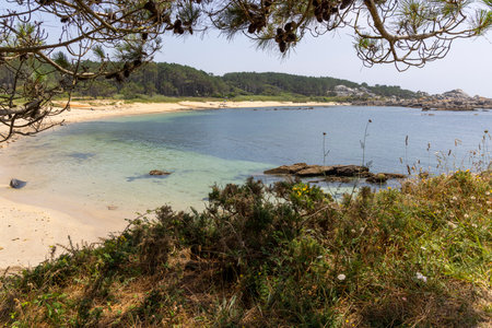 A beach with a body of water in the background. The water is clear and calm. The beach is sandy and there are some rocks in the water. The scene is peaceful and sereneの写真素材