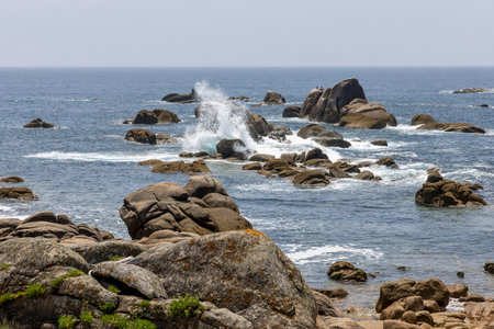 The ocean is calm and the rocks are scattered around the shore. The waves are small and the sky is clearの写真素材