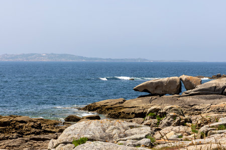 A rocky beach with a body of water in the background. The beach is covered in grass and rocksの写真素材