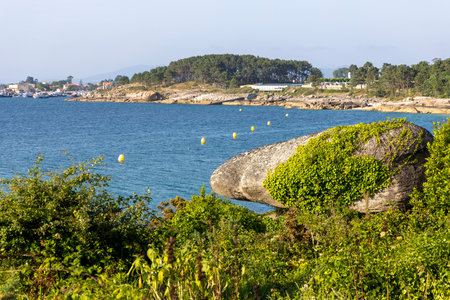 A rocky shoreline with a large rock and a green bush. The rock is surrounded by a yellow buoy. The water is calm and the sky is clearの写真素材