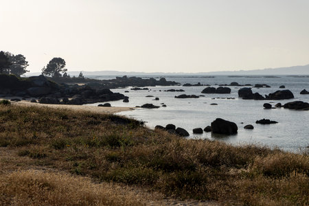 A rocky beach with a body of water in the background. The water is calm and the rocks are scattered throughout the beach. The sky is overcast, giving the scene a somewhat somber moodの写真素材