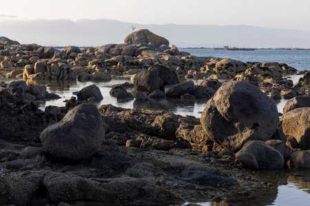 A rocky beach with a large rock in the foreground and mussels farms in background The beach is empty and the sky is cloudyの写真素材