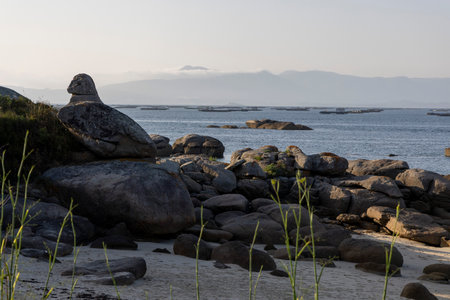 A rocky beach with a large rock in the foreground and mussels farms in background The beach is empty and the sky is cloudyの写真素材