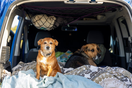 Two dogs are sitting on a bed in a car. One is brown and the other is blackの写真素材
