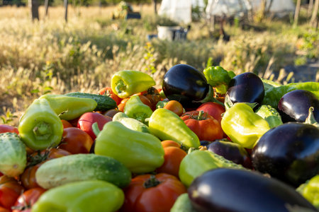 A variety of vegetables including tomatoes, cucumbers, and peppers are piled on top of each otherの写真素材